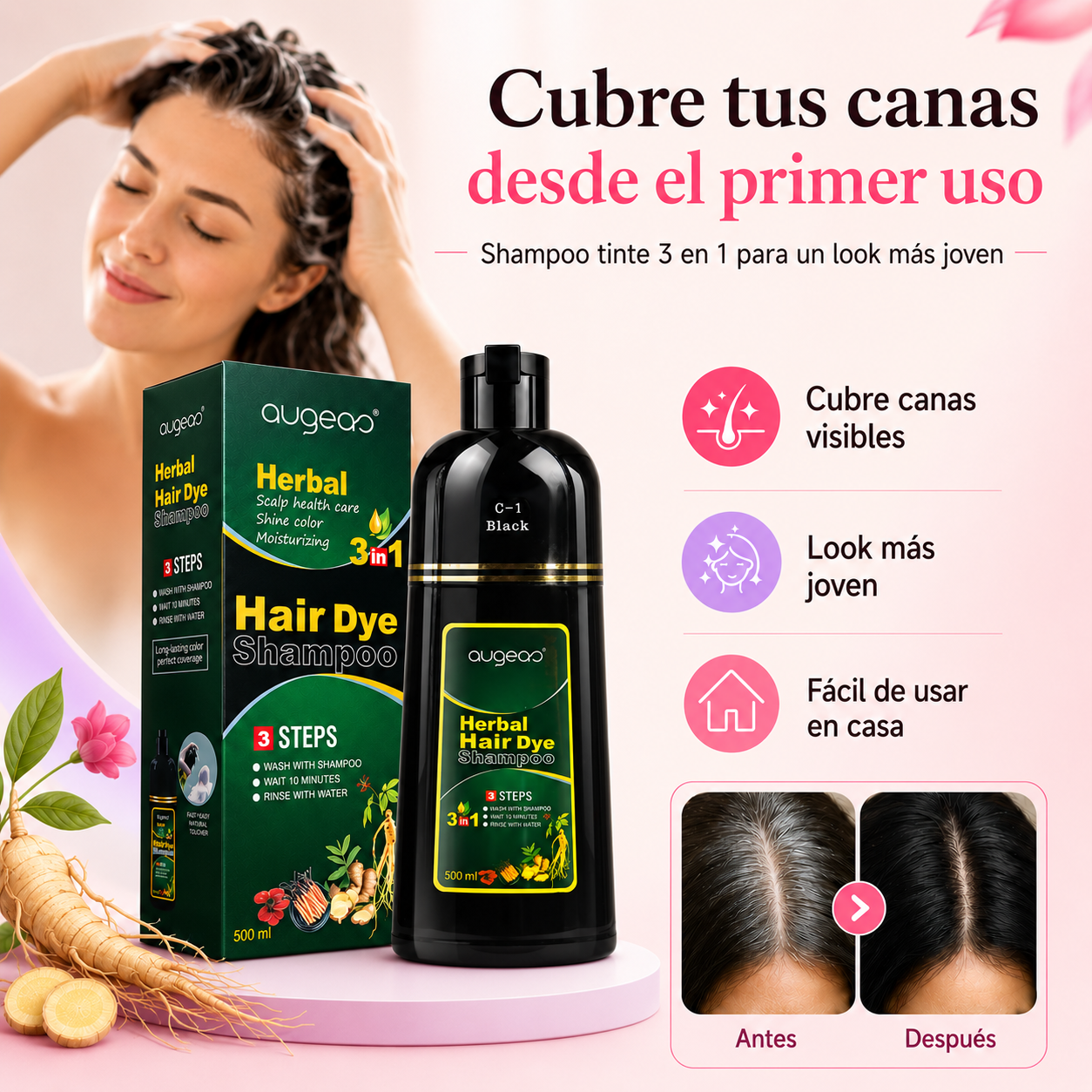 Shampoo Tinte Herbal 3 en 1: cubre tus canas y recupera un look más joven desde el primer uso
