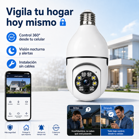 Cámara Bombillo 360° | Mira, escucha y protege tu hogar desde cualquier lugar 🛡️📲