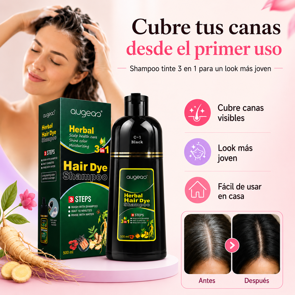Shampoo Tinte Herbal 3 en 1: cubre tus canas y recupera un look más joven desde el primer uso