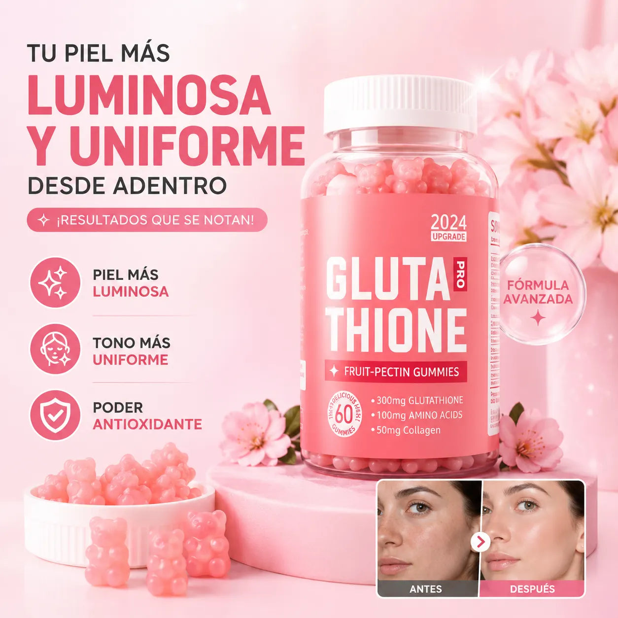🍓 Gluta Thione Gummies | Consigue una piel más luminosa y uniforme en 7 días